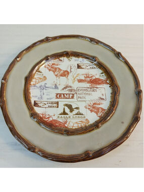 VTG New Home Studio Lake Cabin Moose Canoe Fish 6" Round Side Plate VHTF